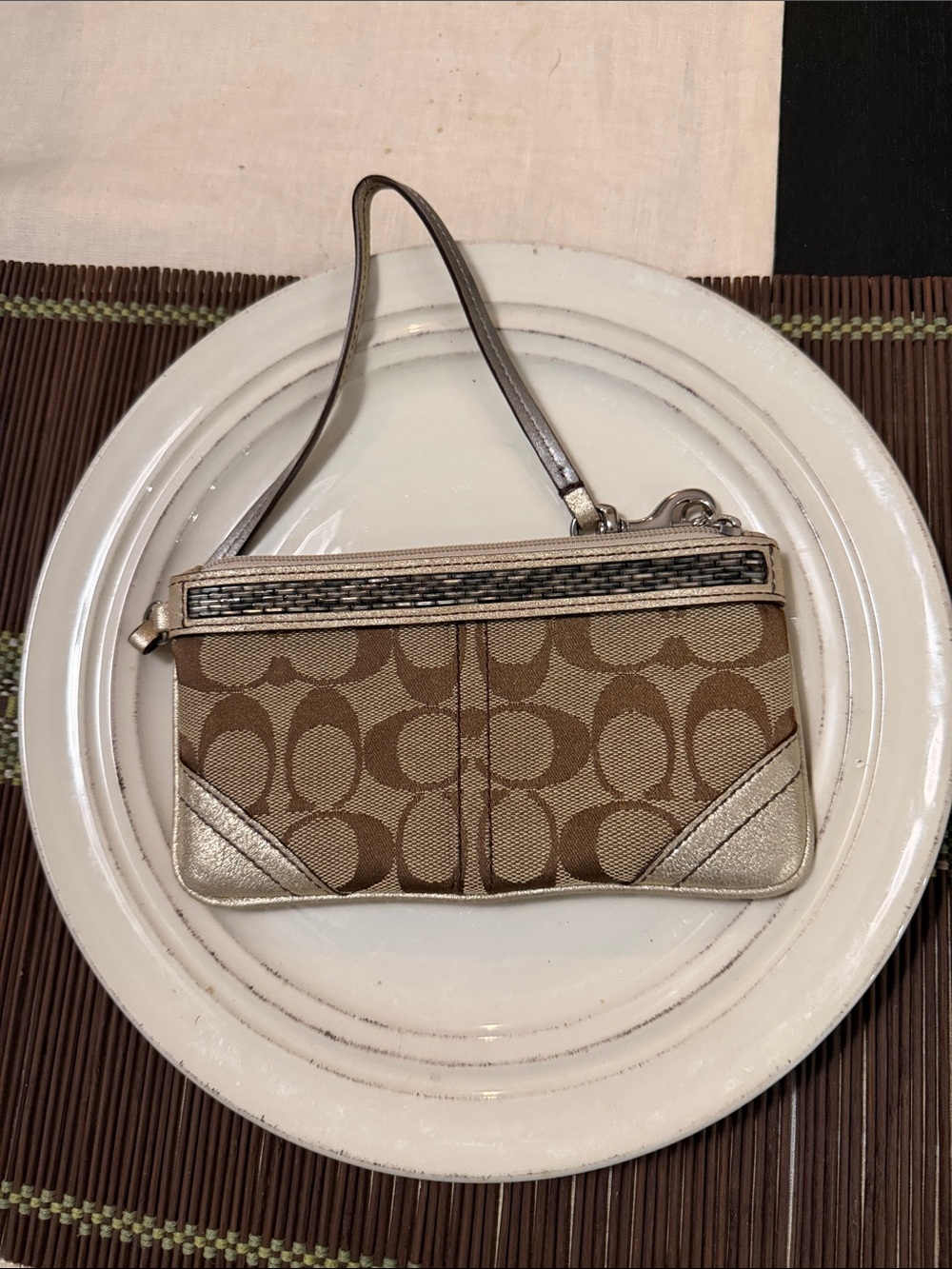 Coach Signature Canvas Wristlet in Tan and Metallic Gold Trim